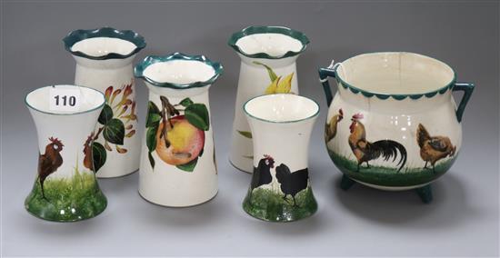 Five Wemyss vases and a cauldron in fruit, flower and chicken designs tallest 14.5cm